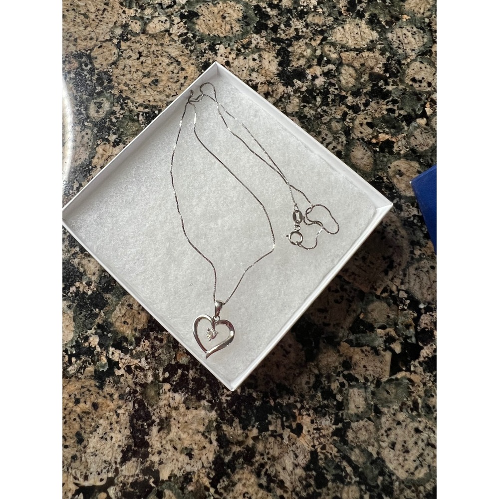 Sterling Silver 925 Open Heart Pendant Necklace Clear Stone Box Chain
